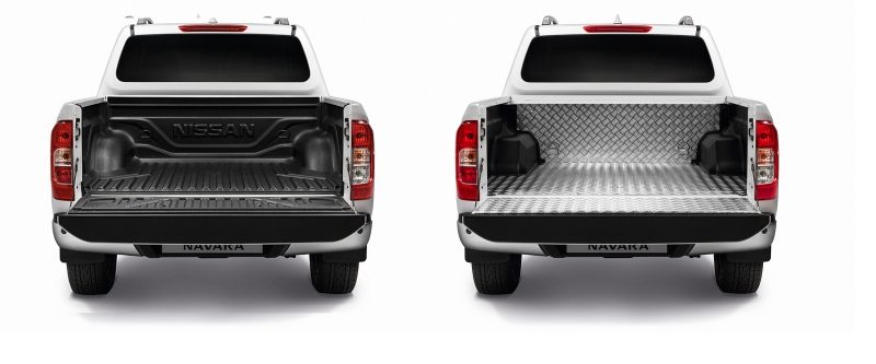 Imagens da vista traseira da Nissan NAVARA com os revestimentos protetores em plástico e alumínio
