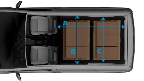 Vue du dessus du nouveau Nissan e-NV200 avec effet de transparence sur la cargaison et traits illustrant les dimensions