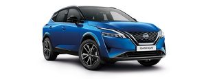 Front 3/4 body shot of a blue nissan qashqai tekna