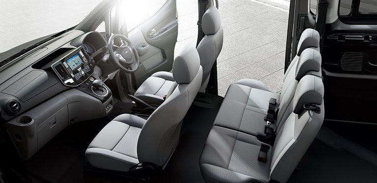 New Nissan e-NV200 Evalia interior view focus on console and steering wheel
