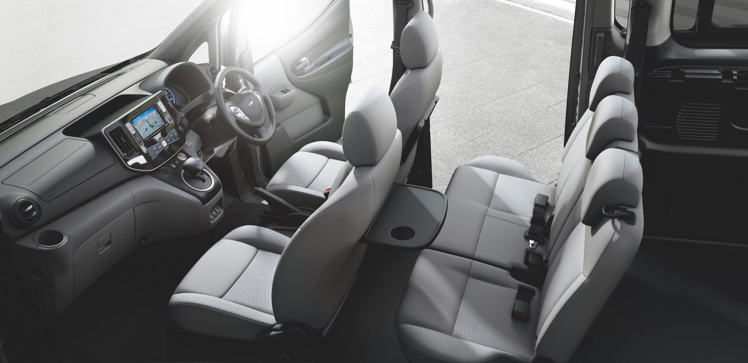 New Nissan e-NV200 Evalia interior view focus on console and steering wheel