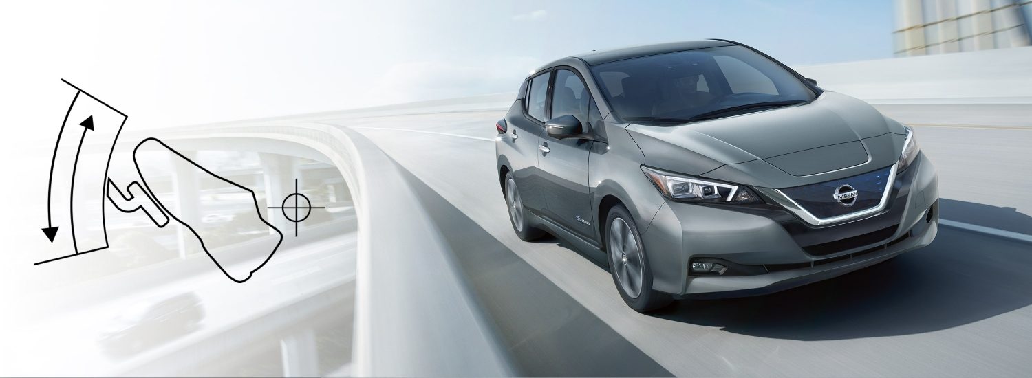 Nissan LEAF driving on a highway with graphic of e-Pedal next to it