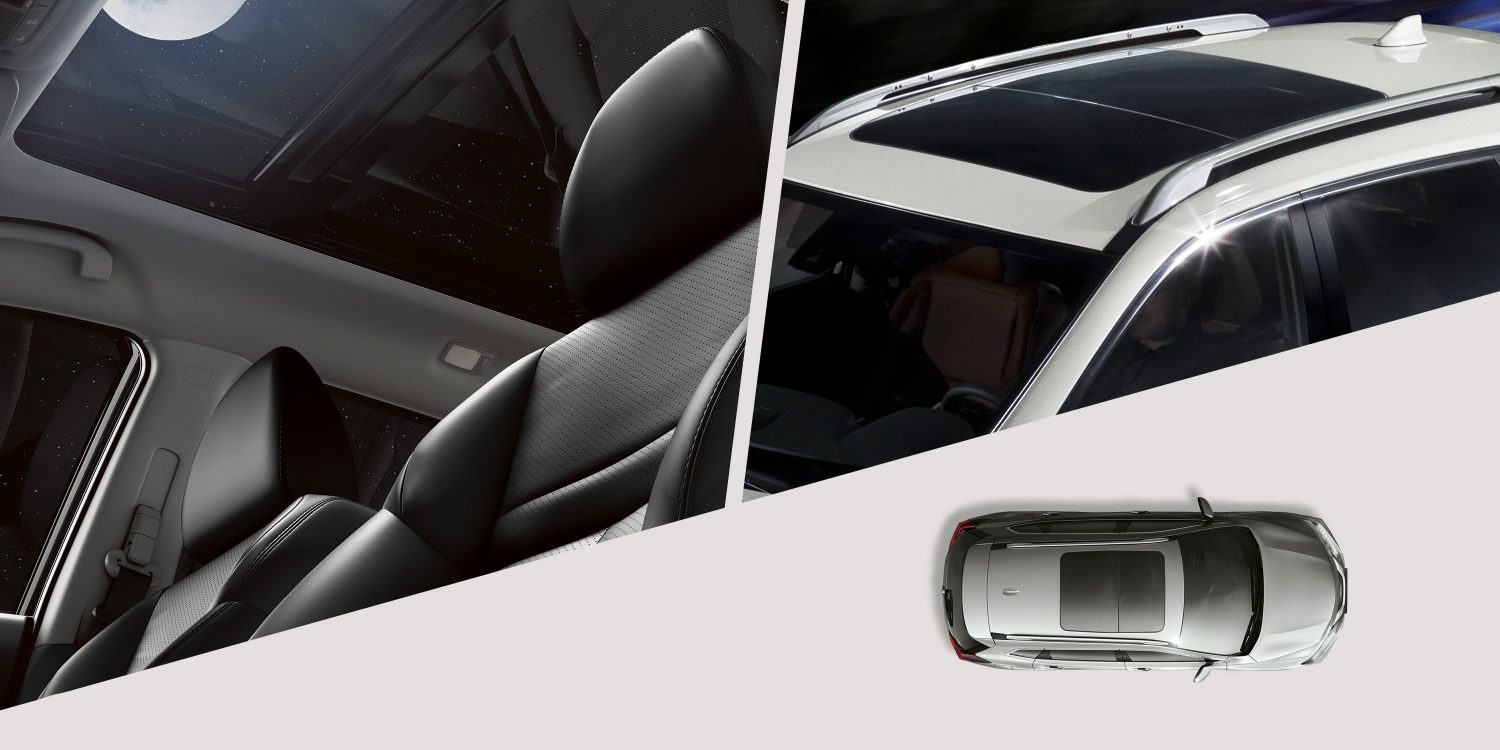 X-Trail חלון גג פנורמי קולאז' תמונות של החלון מבחוץ, מבט מפנים הרכב ומבט מלמעלה על גג הרכב
