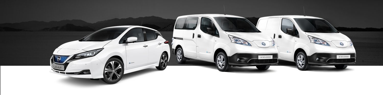NISSAN Elektrofahrzeuge aufgereiht vor Bergen