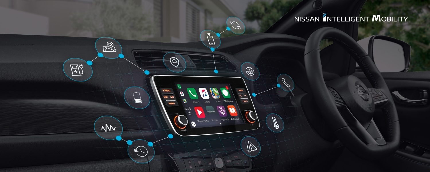 NissanConnect Services interior view of a Nissan car with icons floating around showing the services