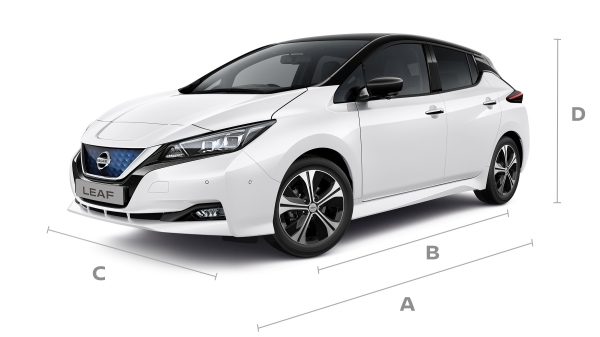 Nissan LEAF 3/4 front with lines for dimensions