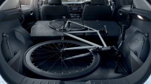 Nissan LEAF trunk with folded seats and a bicycle