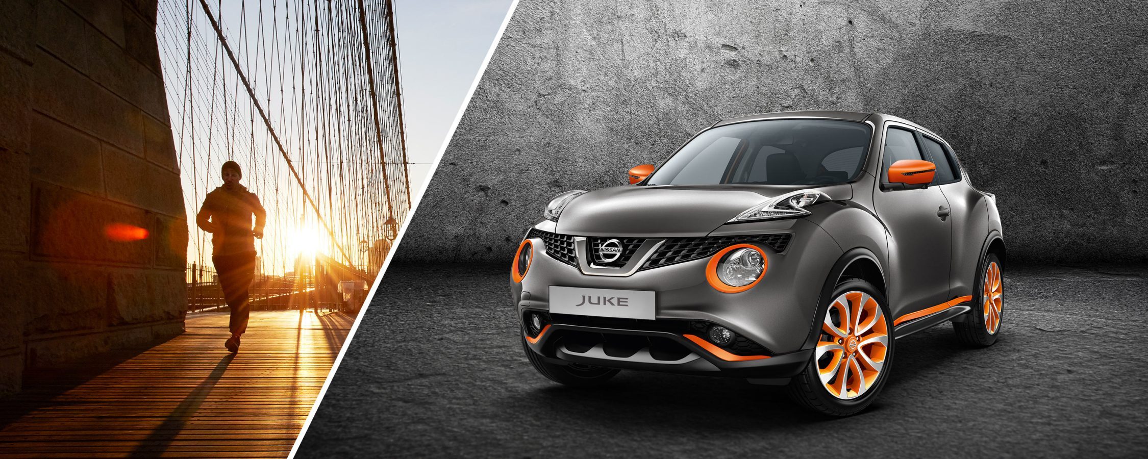 Nissan JUKE 2018: вид спереди с поворотом на 3/4, серый металлик с элементами персонализации оранжевого цвета (Energy Orange)