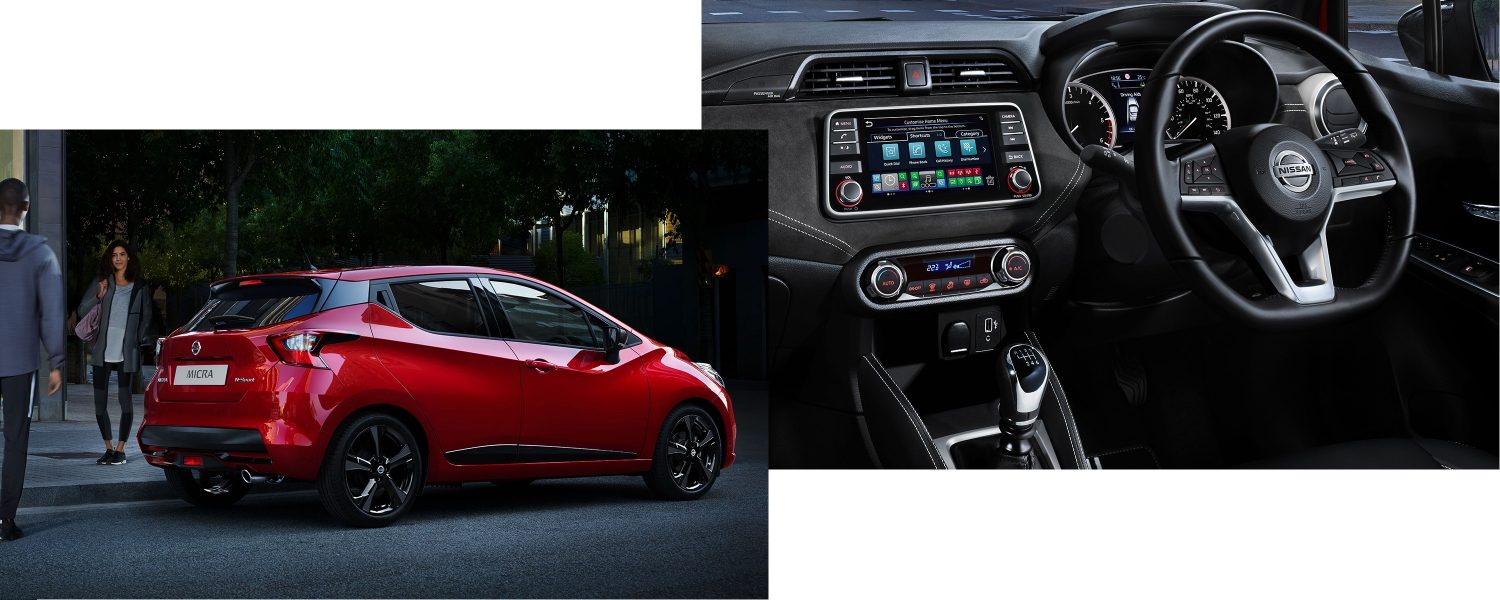 Split Image: 1. Views from the side-rear of a red new Nissan Micra N-SPORT. 2 An interior shot of the steering wheel, dashboard, gear shift and radio of a red new nissan micra n-sport