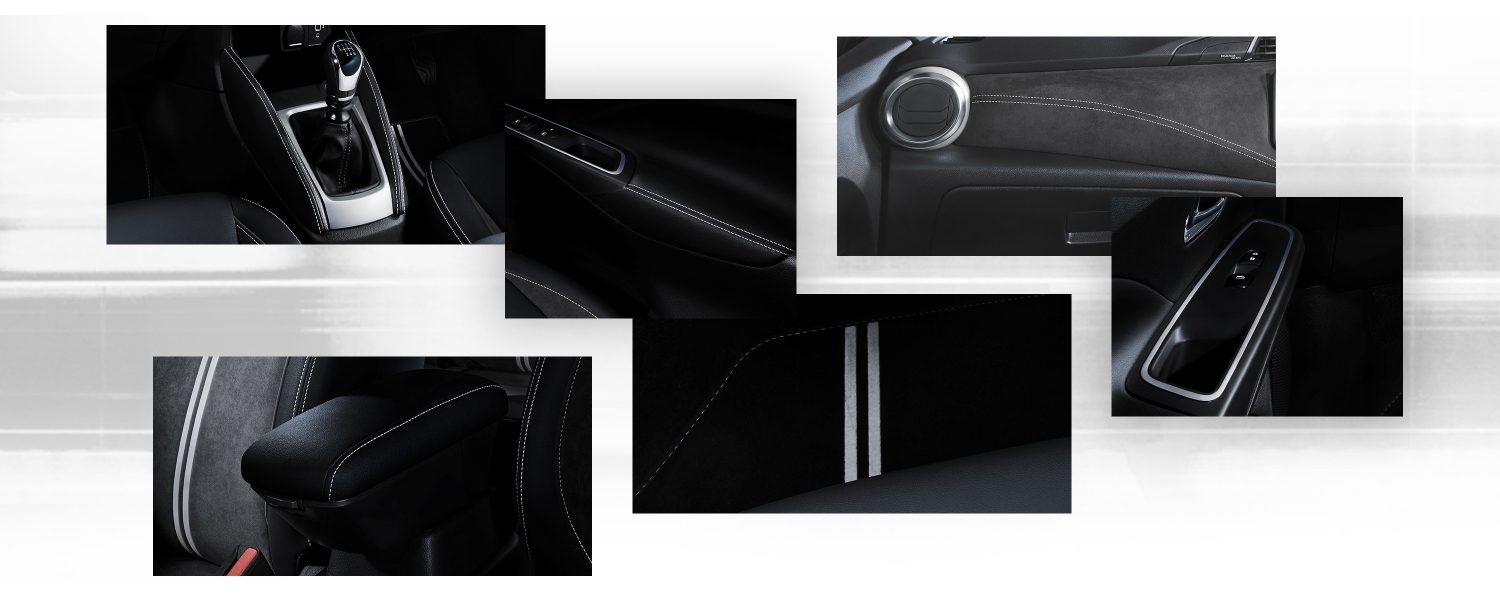 Nissan Micra N-SPORT collage with gearshift, trim and seat packshot