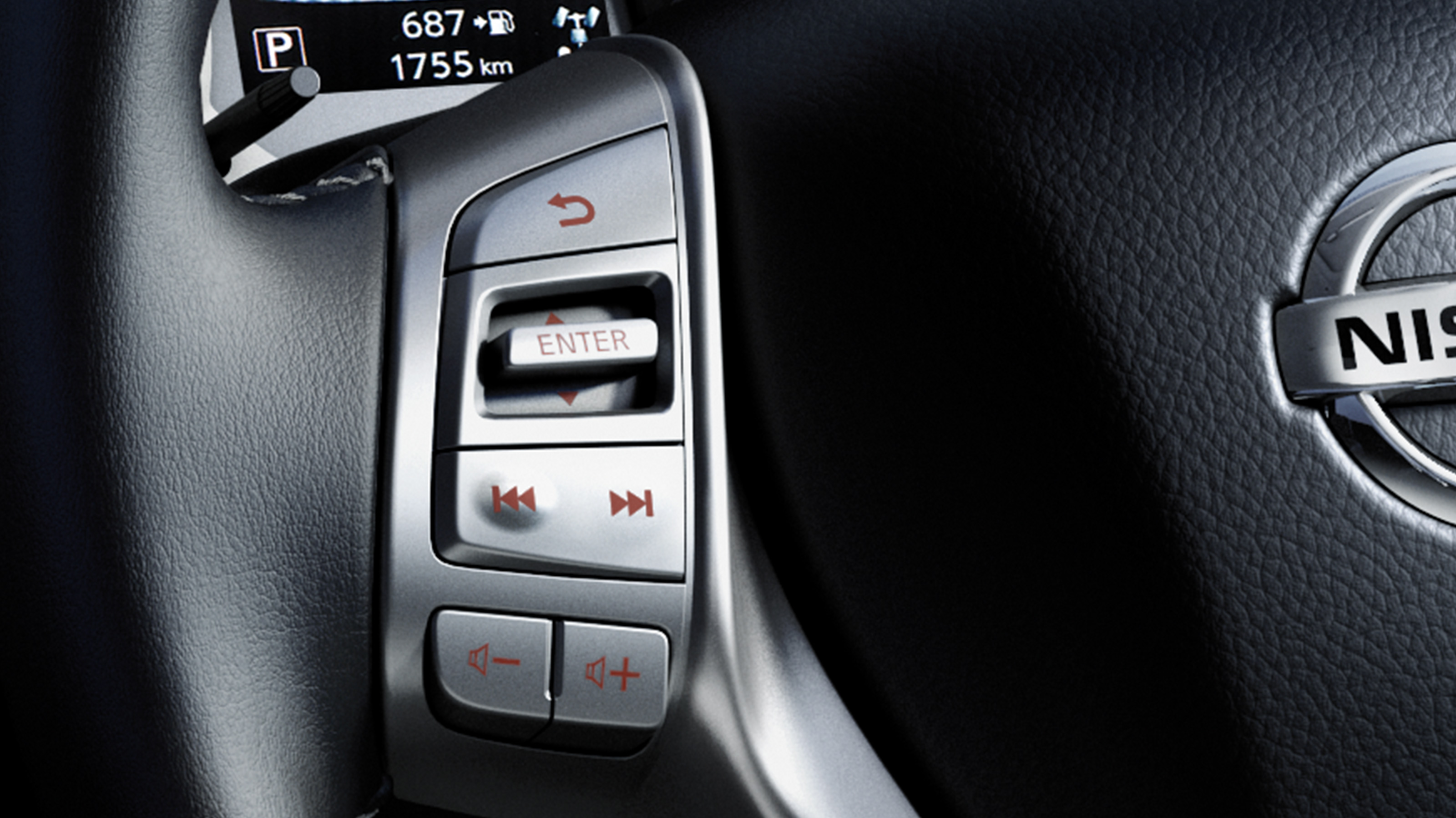 Nissan Navara detail shot of the steering wheel control buttons