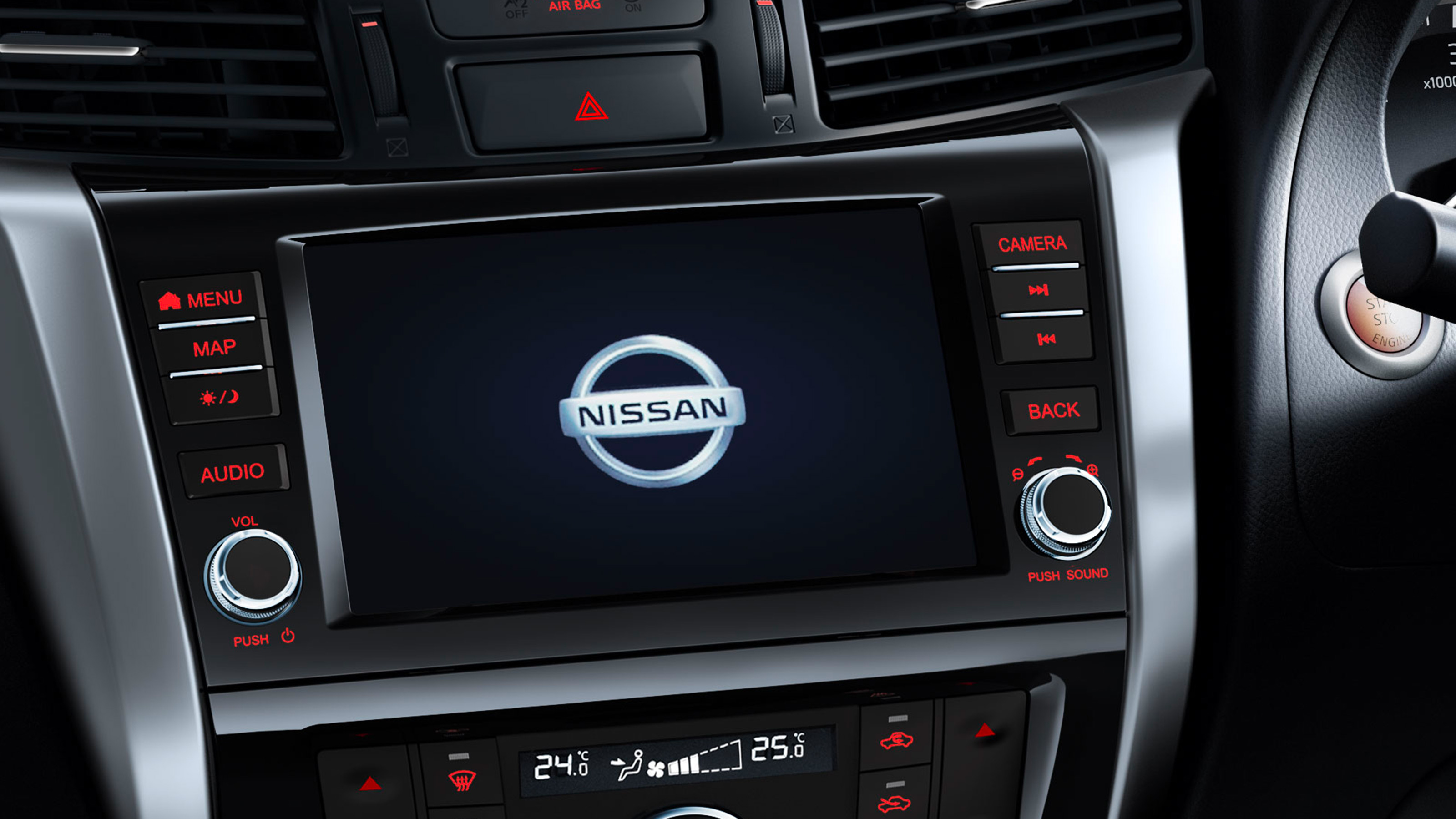 Nissan Navara detail shot of the central console screen