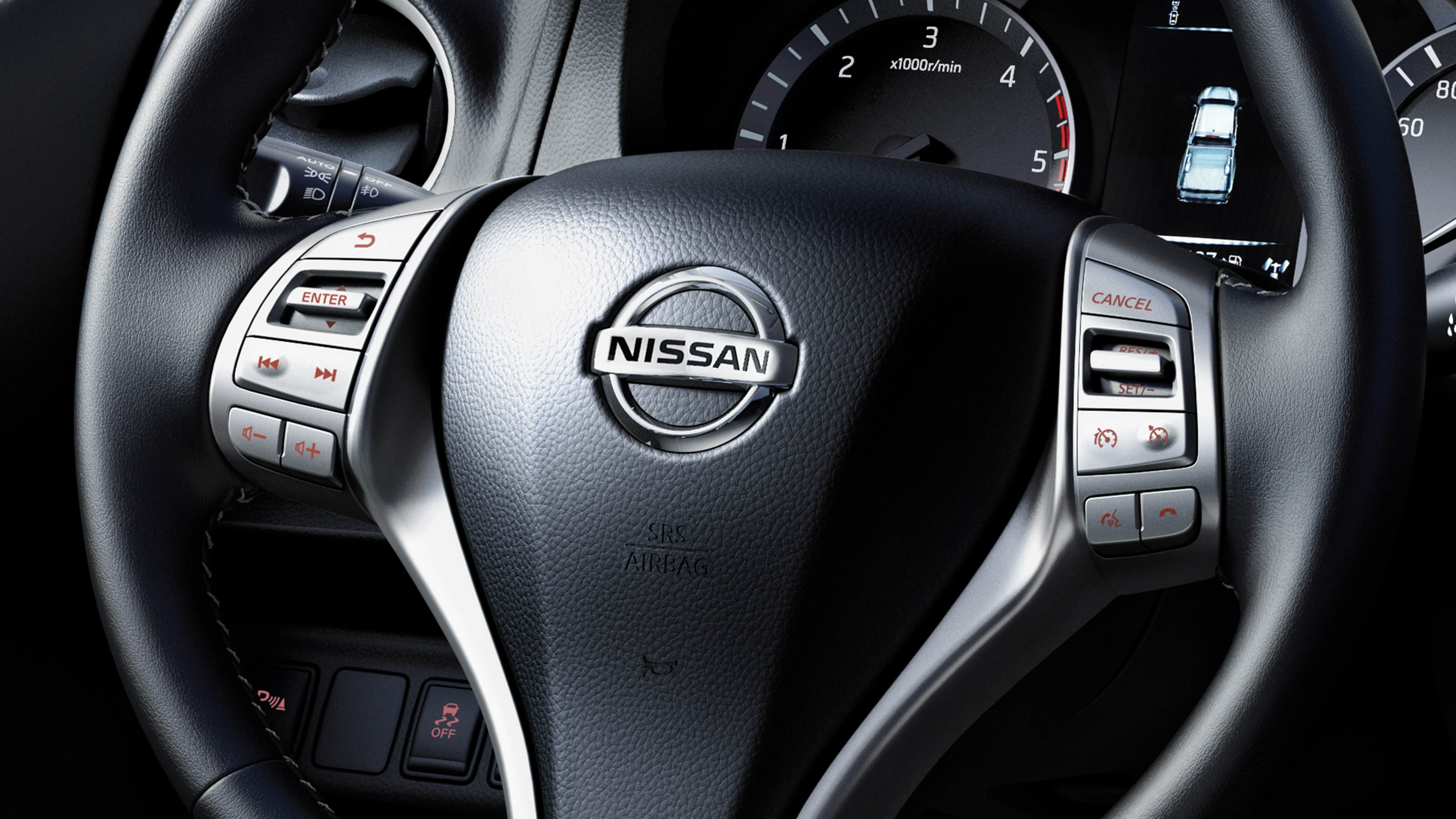 Nya Nissan NAVARA Off-Roader at32 pick-up vy av ratt och instrumentpanel