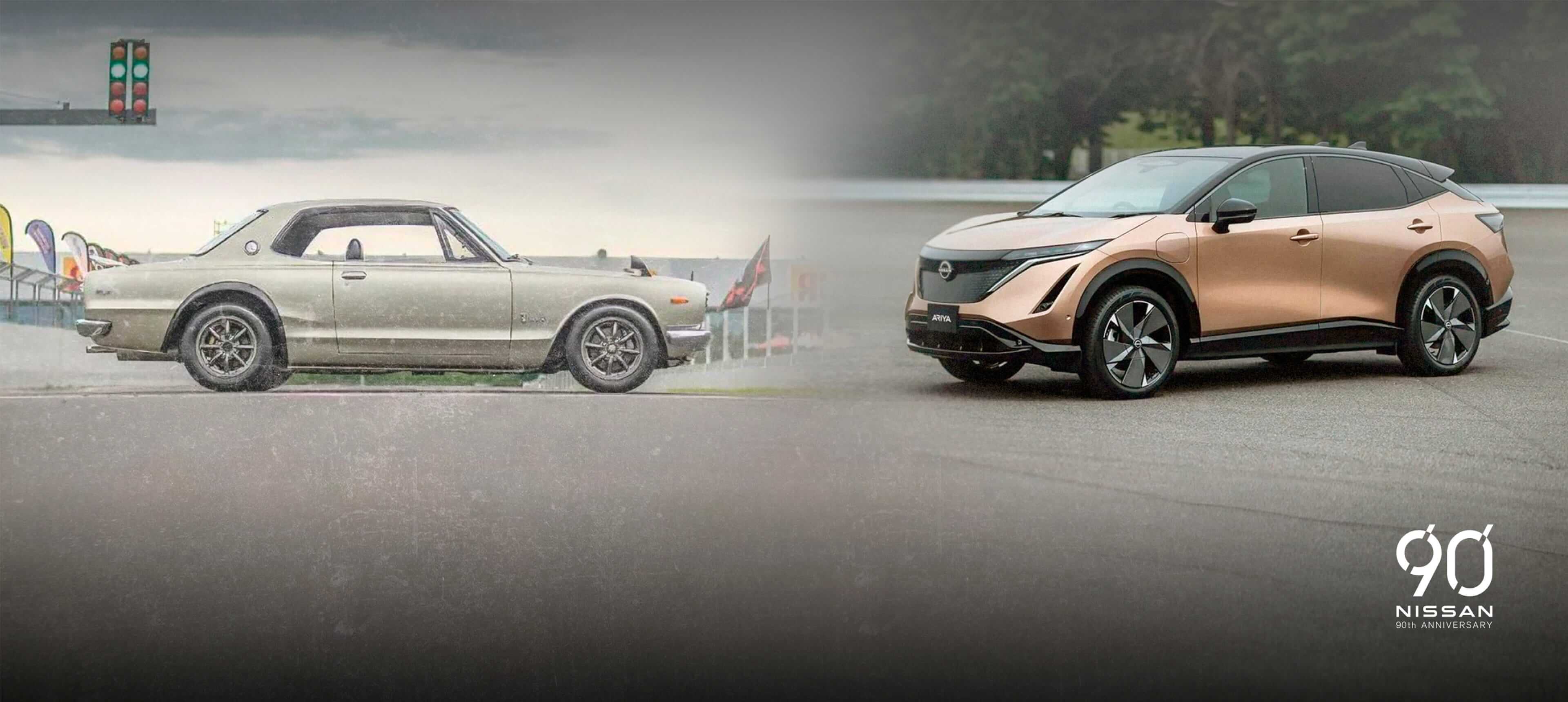 Entwicklung der Nissan Fahrzeuge: Profilaufnahme des GT-R & 3/4-Frontaufnahme des ARIYA