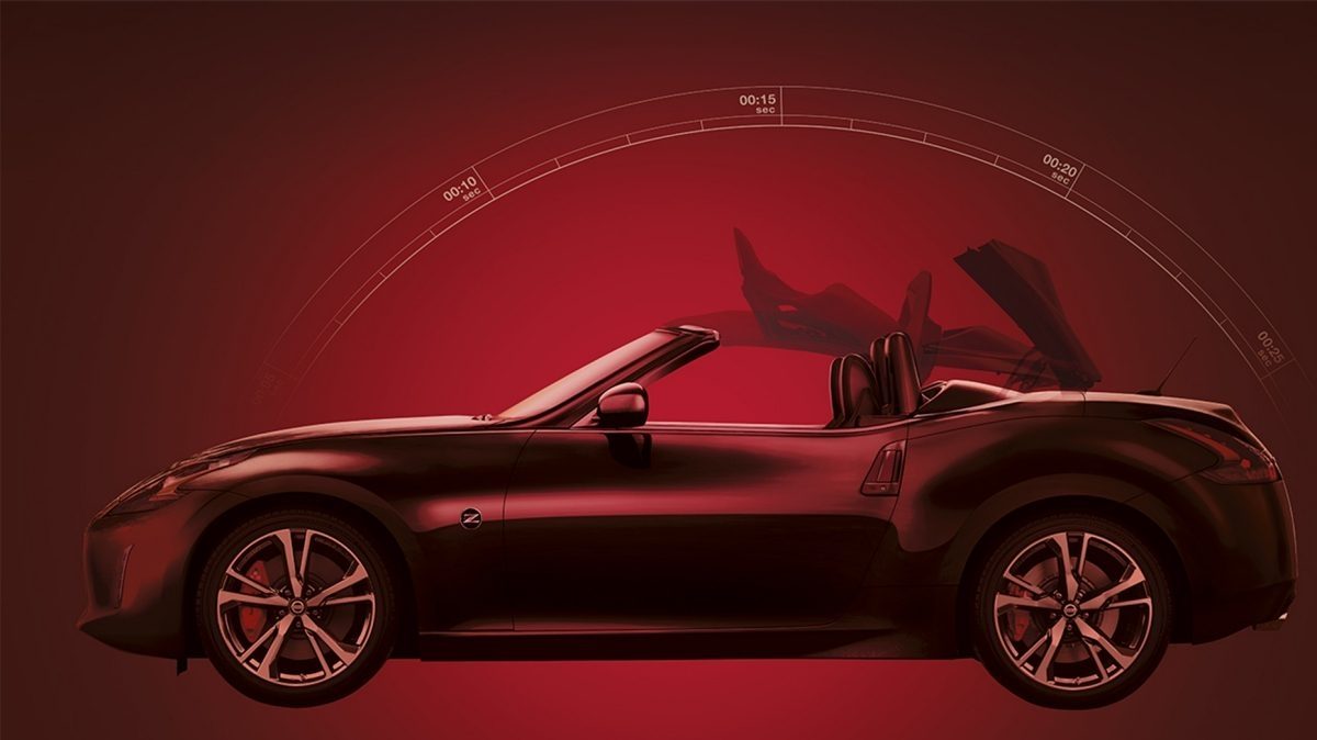 Nissan 370Z Roadster ROUGE FRAMBOISE - Vue de profil avec capote fermée