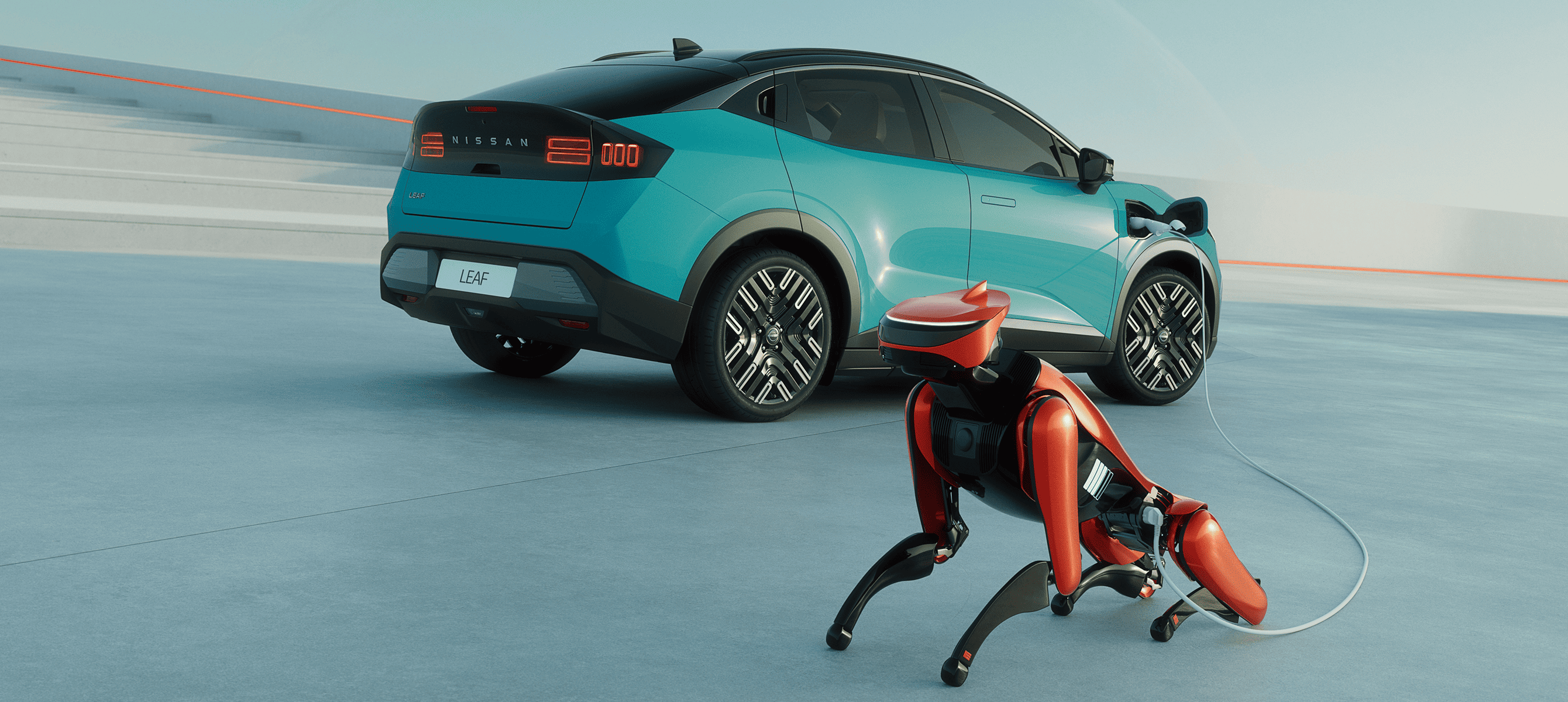 Bild eines Roboters, der mit dem Nissan LEAF auflädt