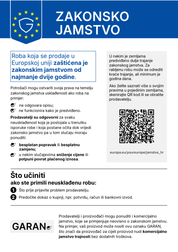 Obavijest EU o zakonskom jamstvu za robu kupljenu u Europskoj uniji