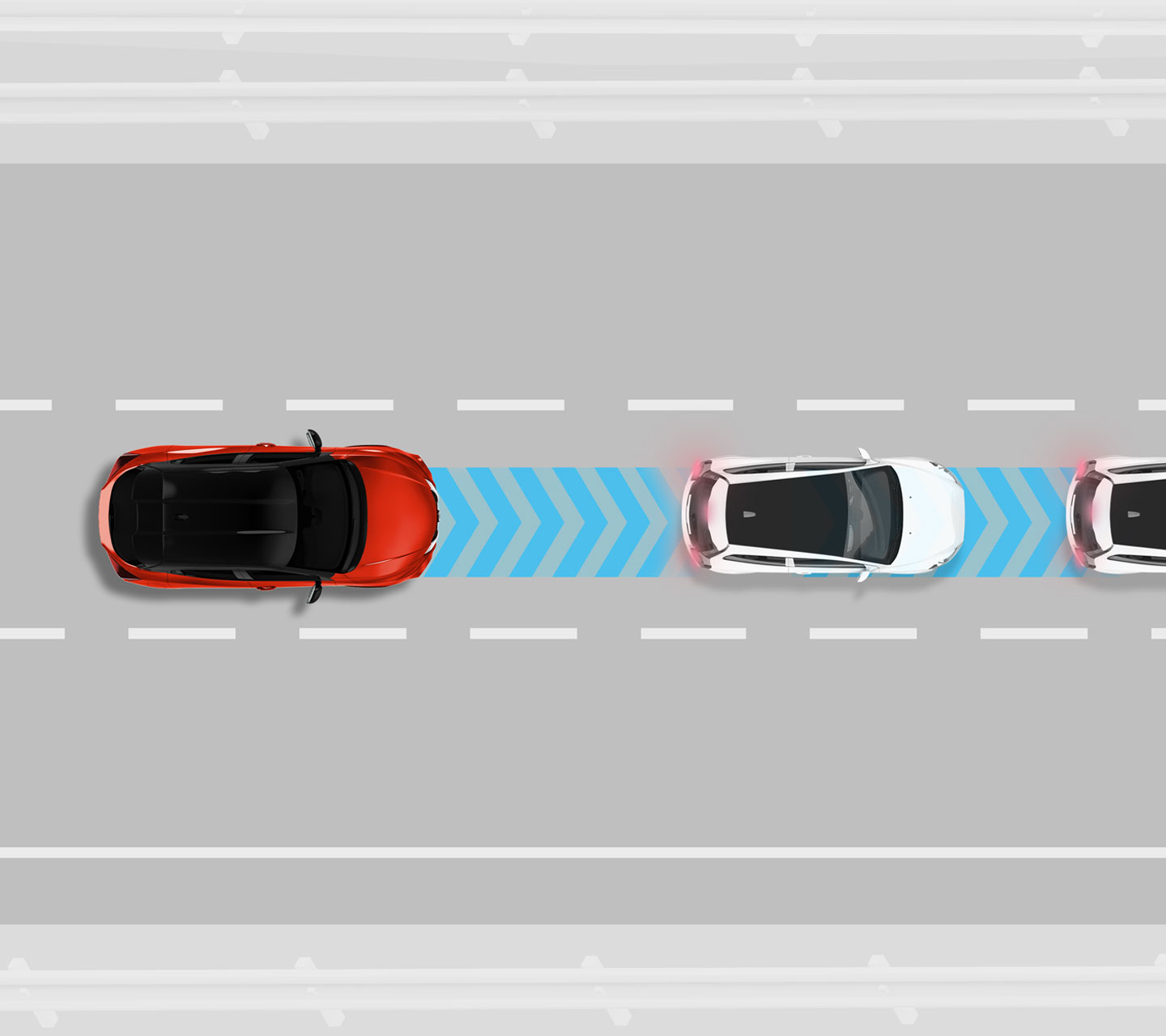 Rdeči Nissan Juke - ilustracija od zgoraj z modrimi puščicami proti vozilu spredaj na istem pasu