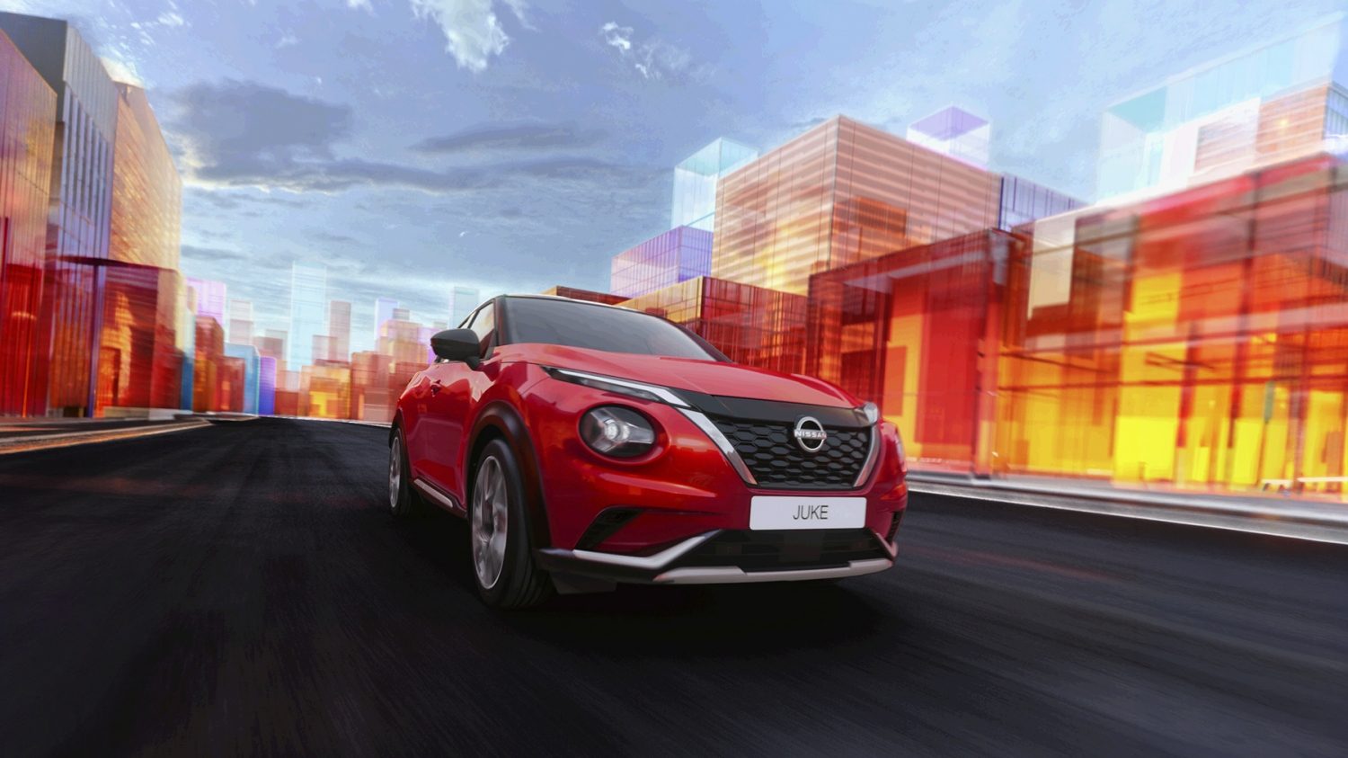 Nissan Juke full front view parked next to shop with person standing outside holding phone