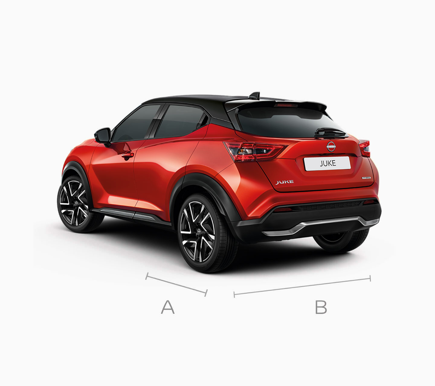 Nissan Juke 3/4 rear pack shot view indicating boot dimensions