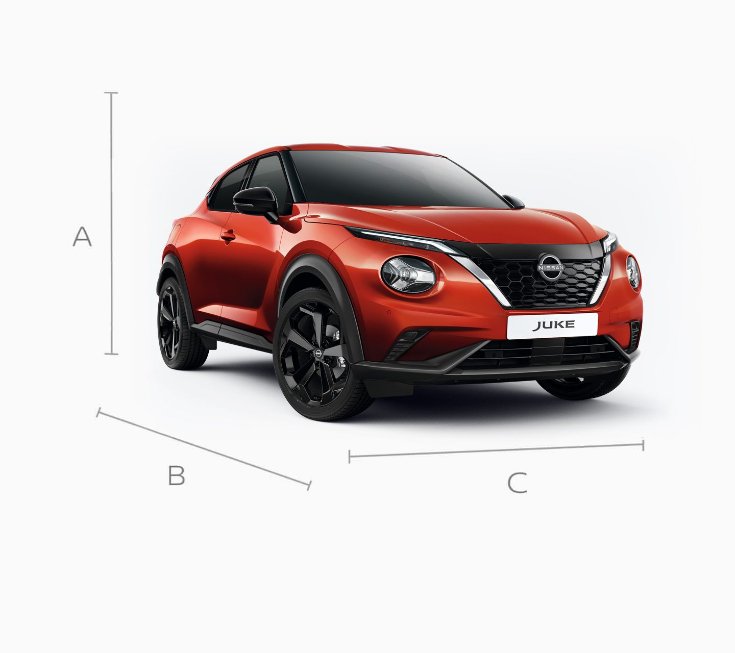 Nissan Juke 3/4 front pack shot view indicating overall dimensions