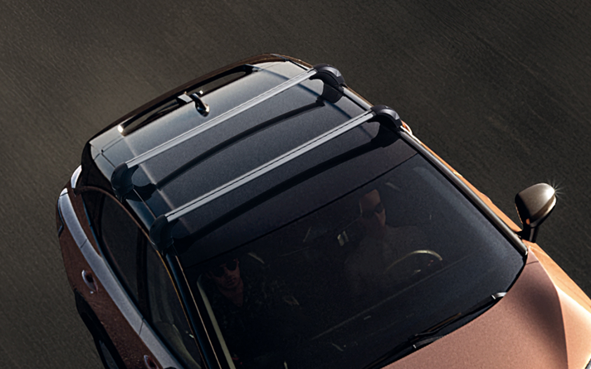 Silberne Querträger auf dem Dach eines Nissan ARIYA montiert.