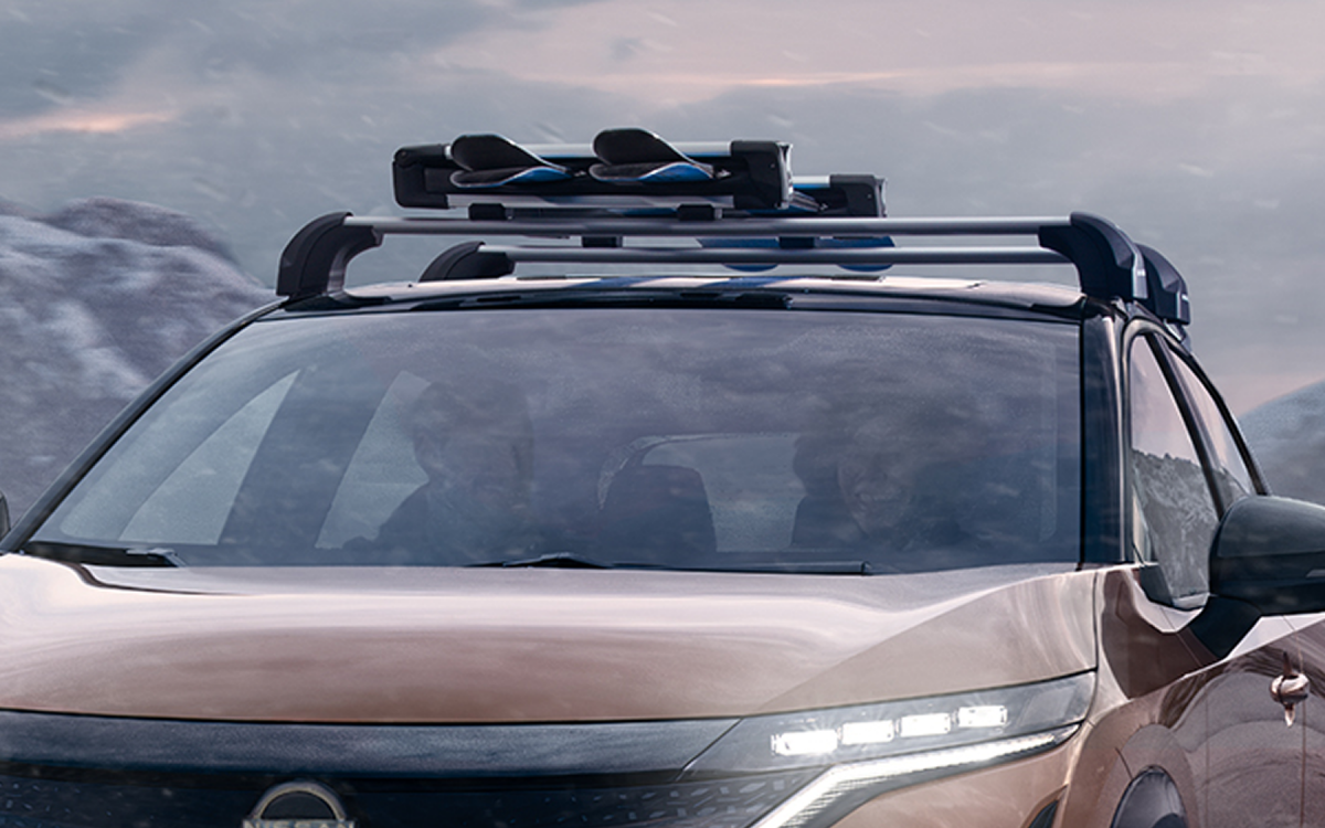 Skiträger mit zwei Paar Skiern auf dem Dach eines Nissan ARIYA montiert – im Hintergrund eine Berglandschaft.