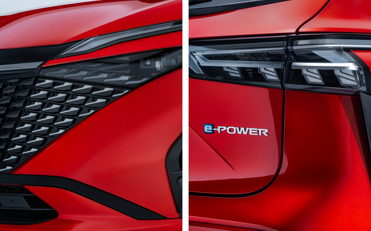 Collage aus Front- und Heckansicht eines roten Nissan Qashqai mit Detailansicht des Frontscheinwerfers und des Rücklichts.