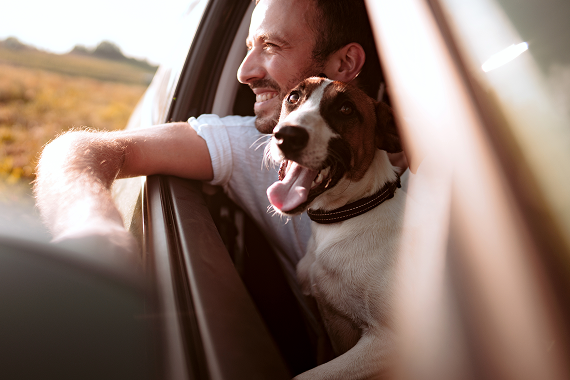 Mann und Hund lehnen sorglos aus dem geöffneten Autofenster – ein Sinnbild für die Planungssicherheit und Kostentransparenz des Nissan MORE Programms.