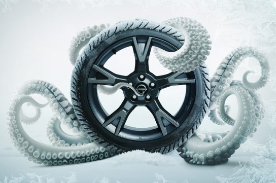 Nissan Original Winterkomplettrad von Oktopustentakeln umschlungen – symbolisiert starken Grip und Agilität des Winterreifens, inspiriert von natürlicher Intelligenz.