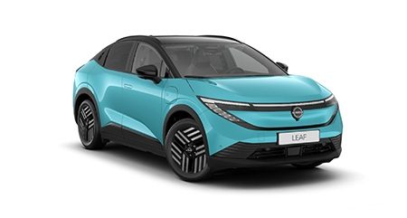 Das Bild zeigt einen grauen Nissan LEAF schräg von der Seite vor einem weißen Hintergrund.