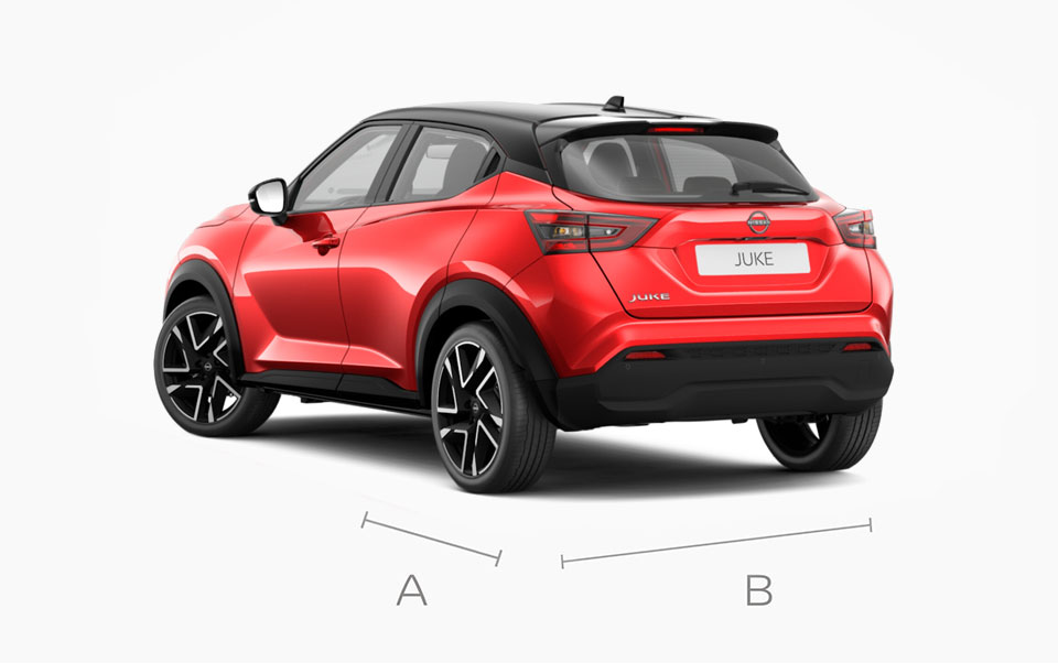 3/4-Heckaufnahme des Nissan Juke mit Angabe der Kofferraumabmessungen