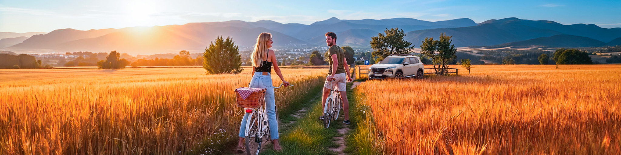 Campaña de verano Posventa, pareja montando en bicicleta por un campo