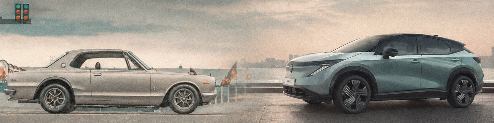 Evolución de los coches Nissan: Plano de perfil de un GT-R y plano lateral de un ARIYA
