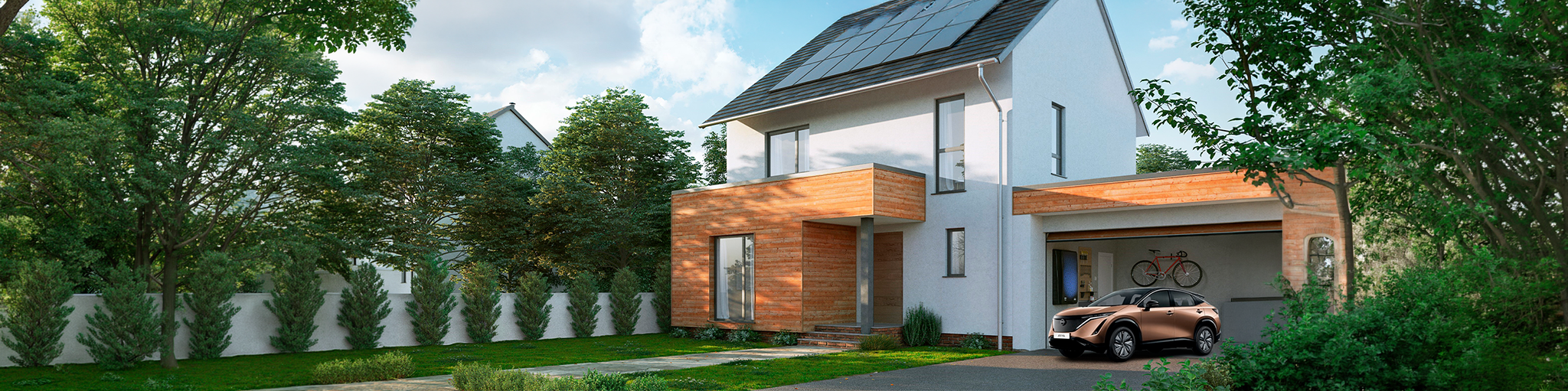Casa con placas solares y un Nissan ARIYA 100% eléctrico
