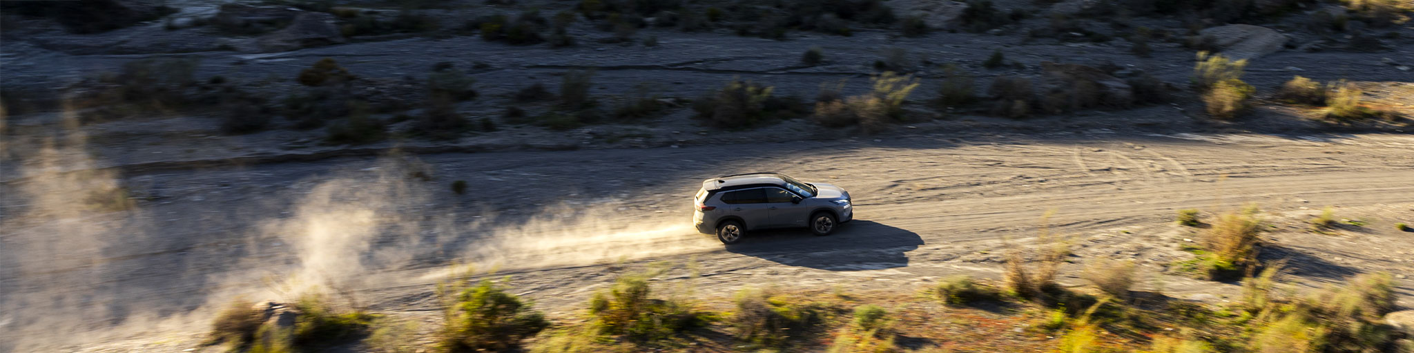 Un vehículo Nissan estacionado en un camino árido junto a Lethal Crisis