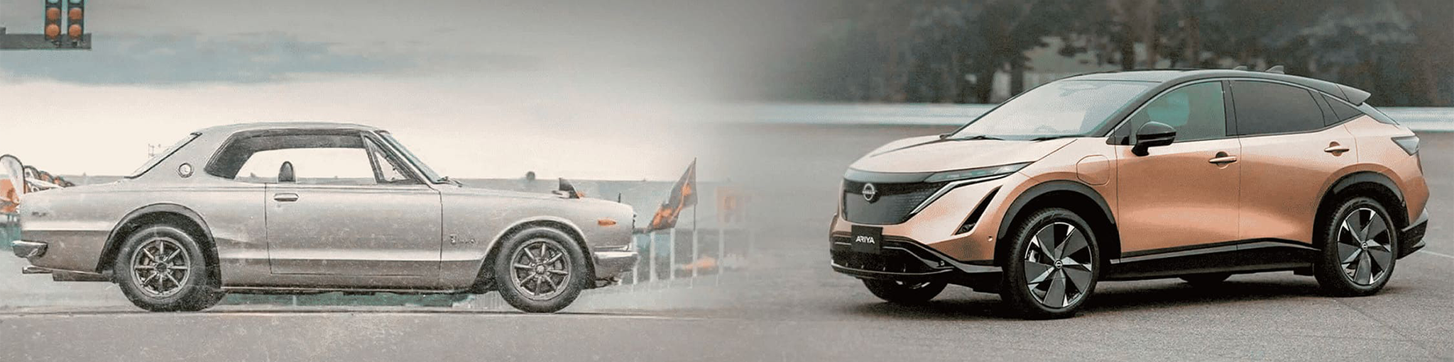 Evolución de los coches Nissan: Plano de perfil de un GT-R y plano 3/4 delantero de un ARIYA