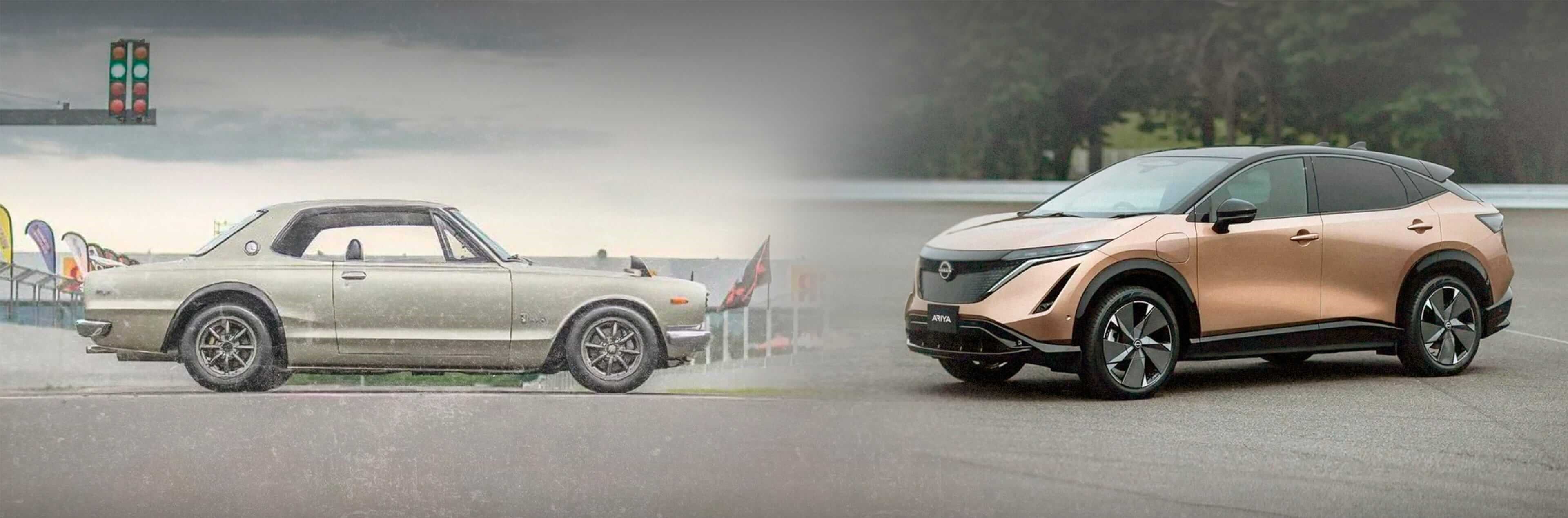 Evolución de los coches Nissan: Plano de perfil de un GT-R y plano 3/4 delantero de un ARIYA