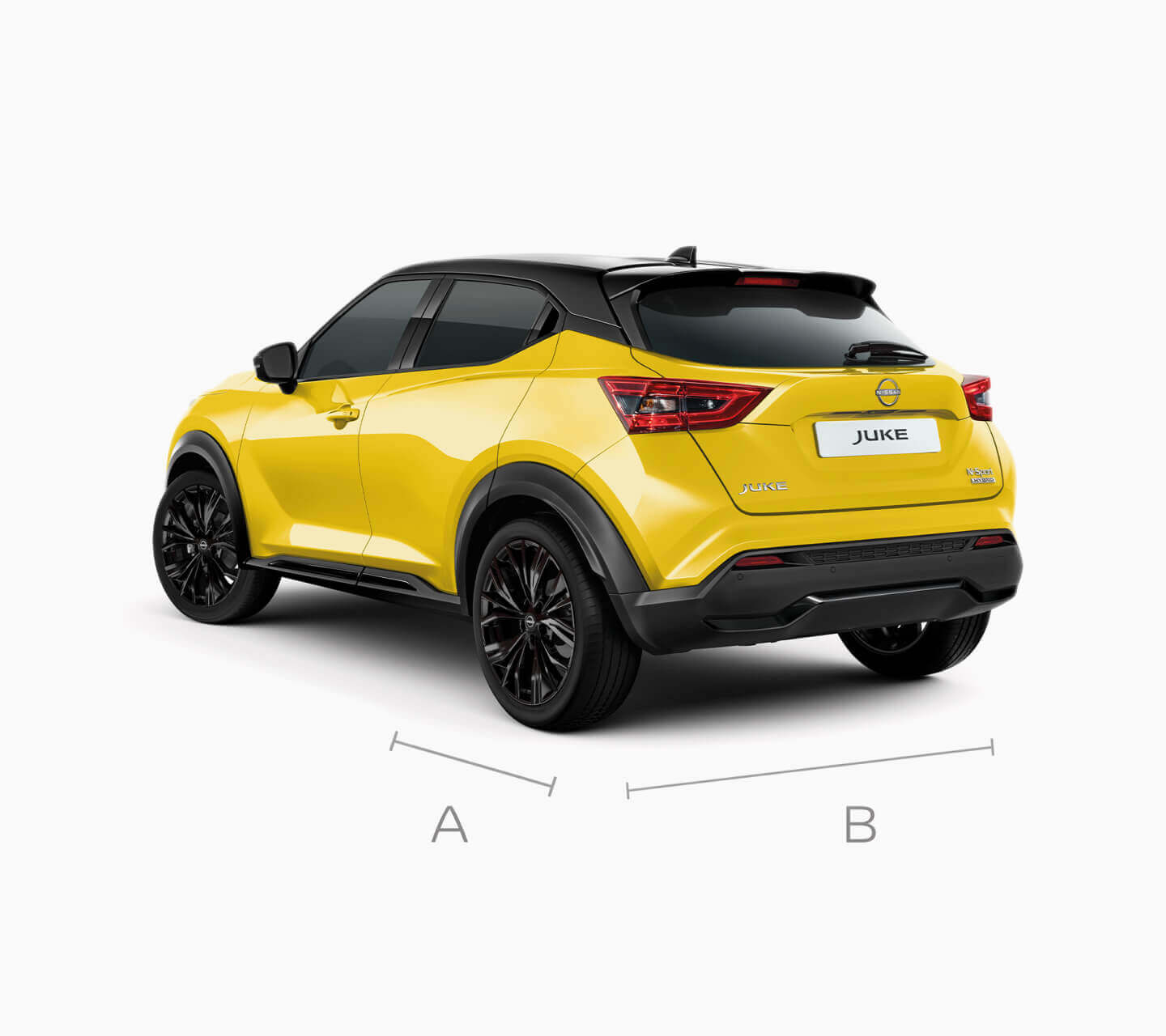 Vista de plano general trasero 3/4 del Nissan Juke que indica las dimensiones del maletero