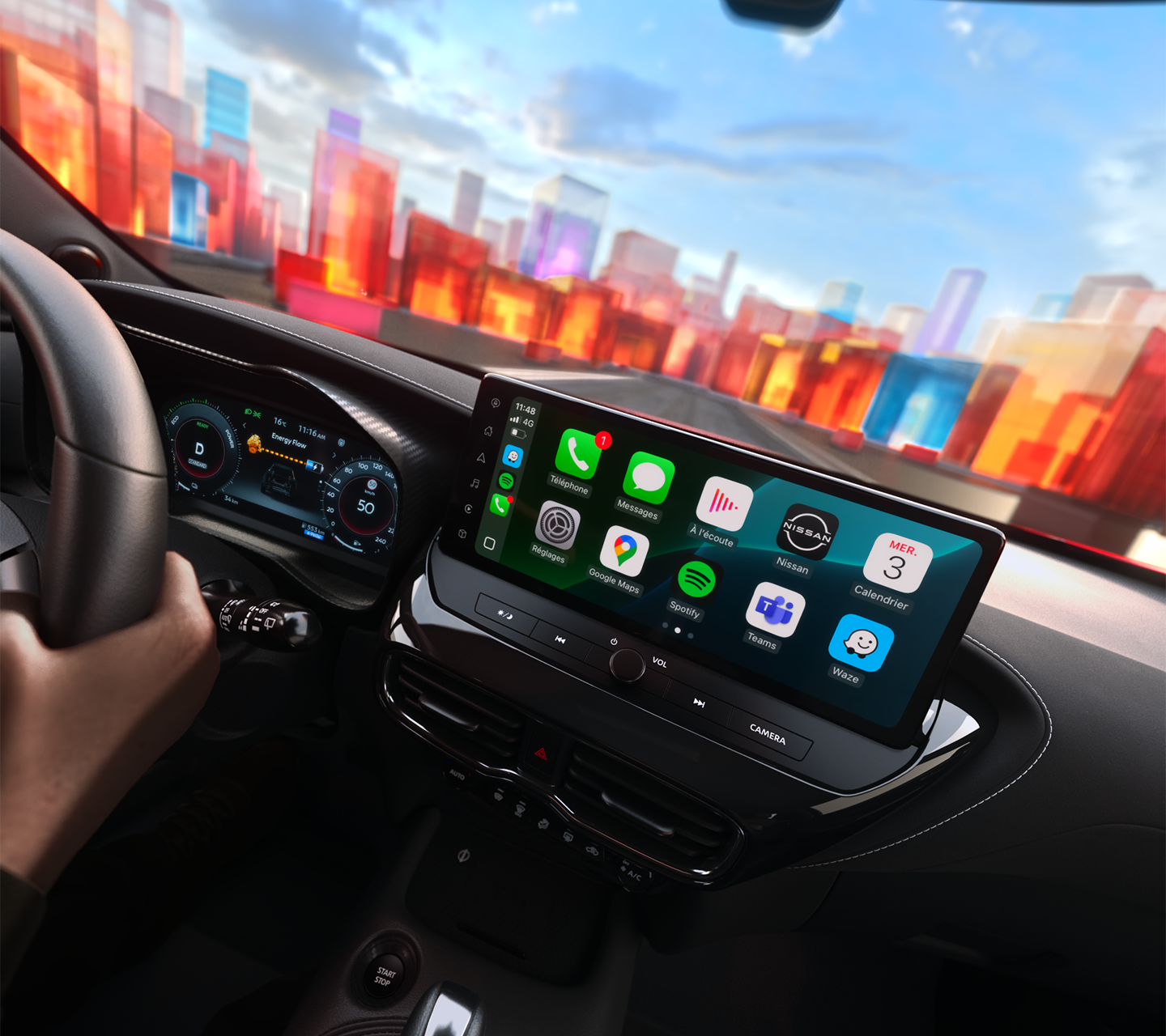 Vista frontal del salpicadero del Nissan Juke que muestra la pantalla NissanConnect