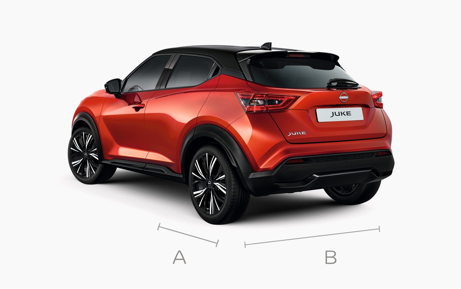 Vista de plano general trasero 3/4 del Nissan Juke que indica las dimensiones del maletero