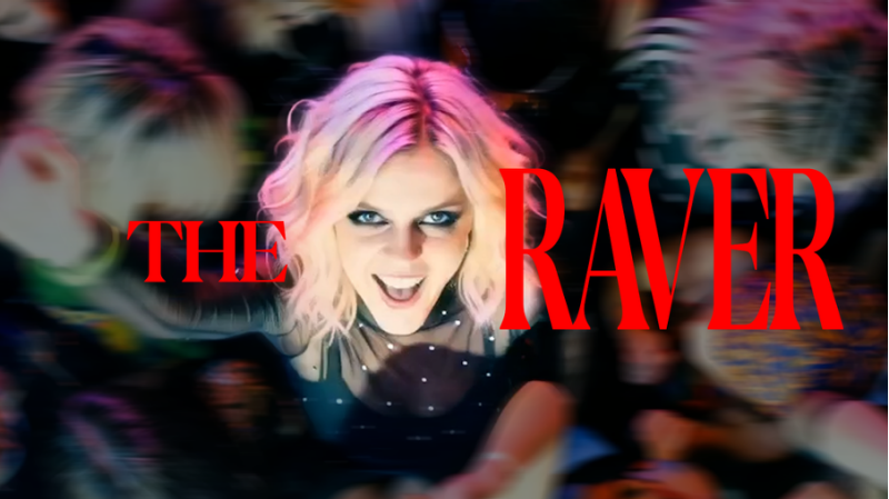 Title reading "the raver" showing a woman dancing into camera