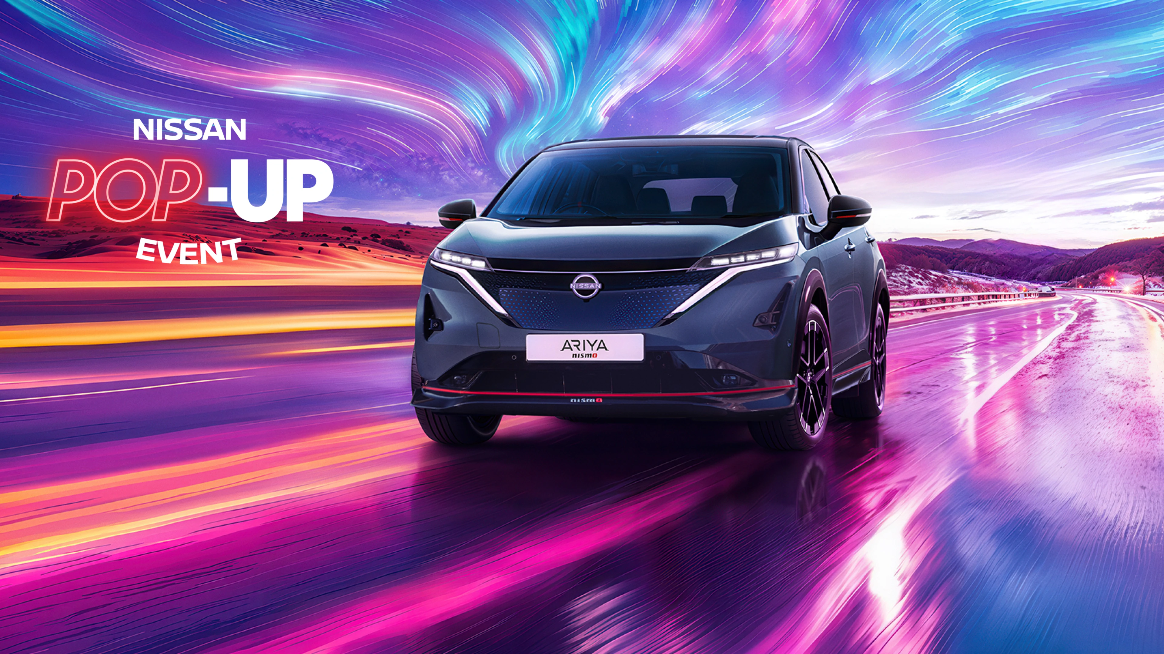 Nissan Ariya Nismo: grey side view static shot on graphic red and blue background