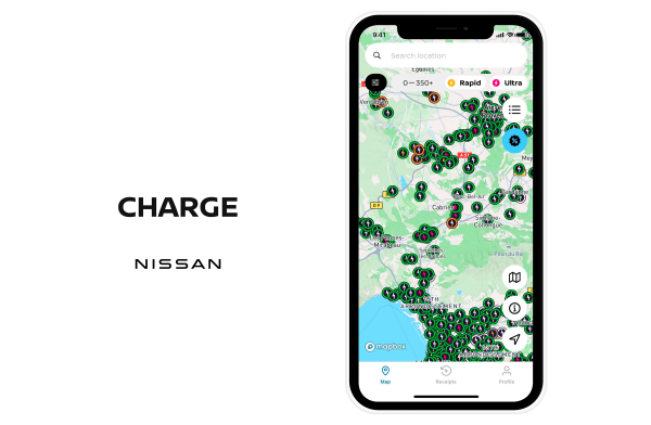 Nissan Charge app on smartphone showing available charging pins