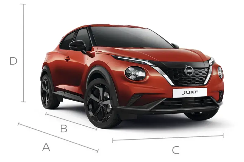 Nissan Juke 3/4 front pack shot showing overall dimensions
