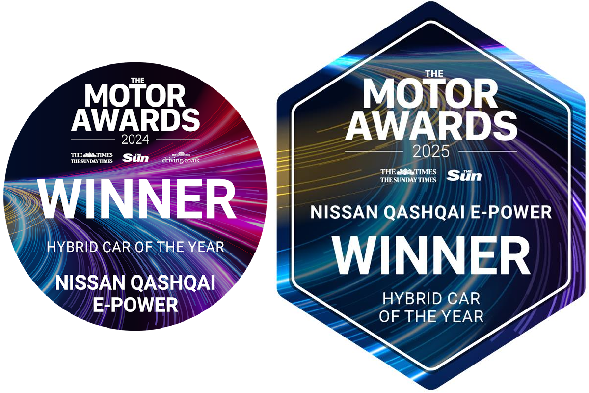 Two “The Motor Awards” winner badges displayed side by side on a light grey background. The left circular badge reads “The Motor Awards 2024 – Winner – Hybrid Car of the Year – Nissan Qashqai e-Power” with blue, purple, and pink light streak graphics. The right hexagonal badge reads “The Motor Awards 2025 – Nissan Qashqai e-Power – Winner – Hybrid Car of the Year” with blue and purple motion light effects.