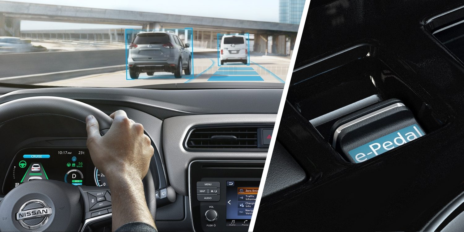 Nissan LEAF shown from behind the wheel driving on the highway and close up of e-Pedal switch