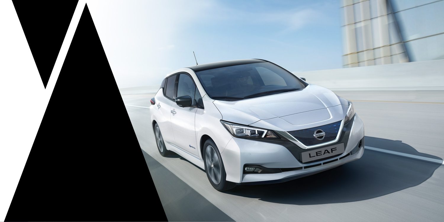 Nissan LEAF shown driving from the front highlighting bold design