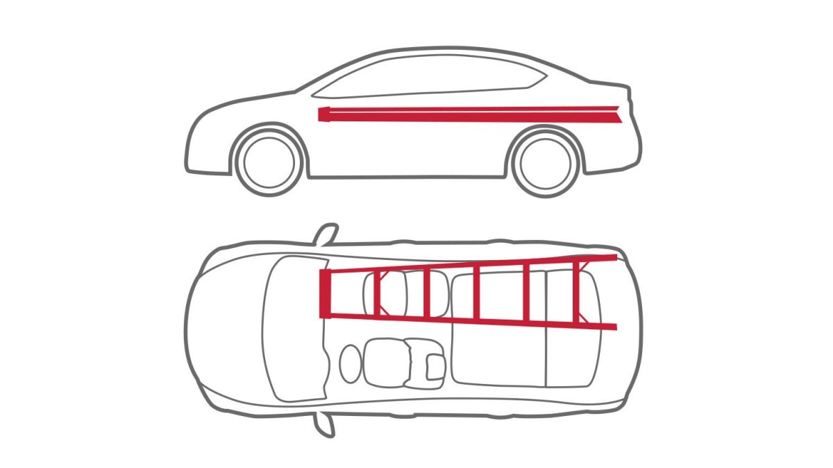 Animation of car with ladder across seat and trunk