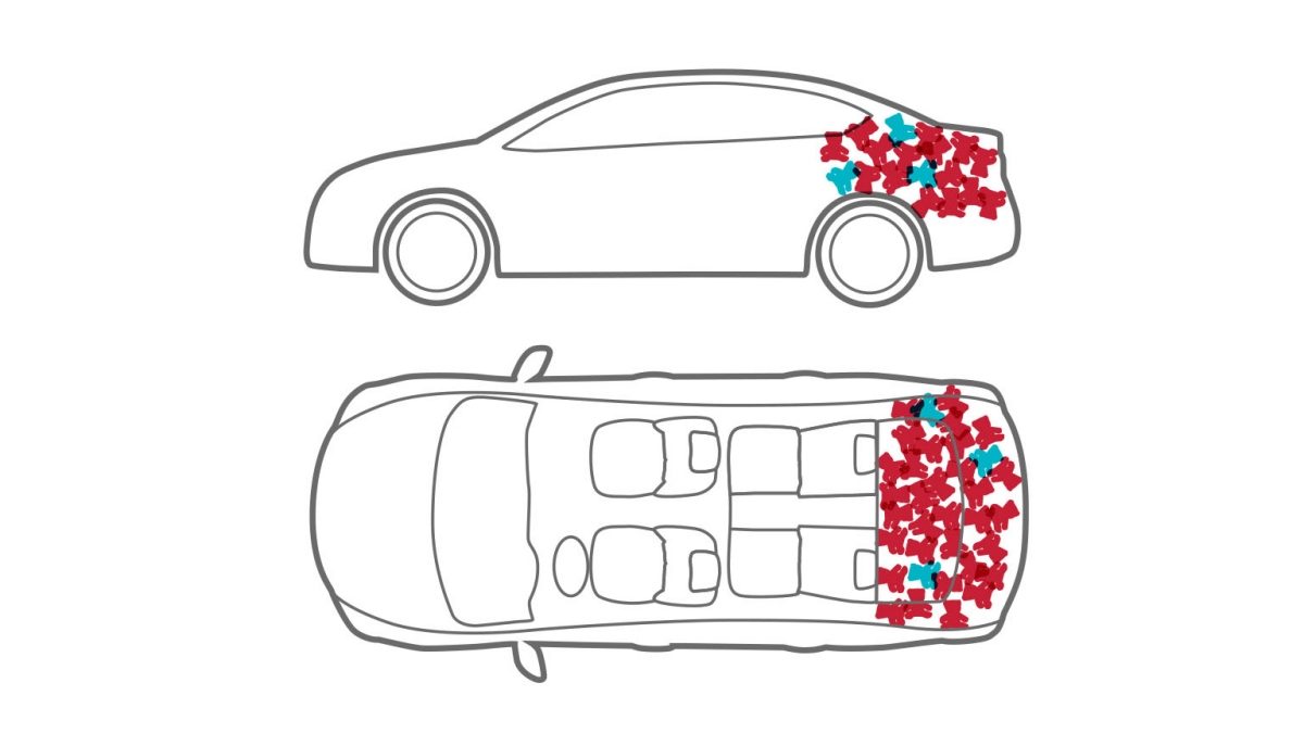 Animation of car with bike in stuffed animals in trunk